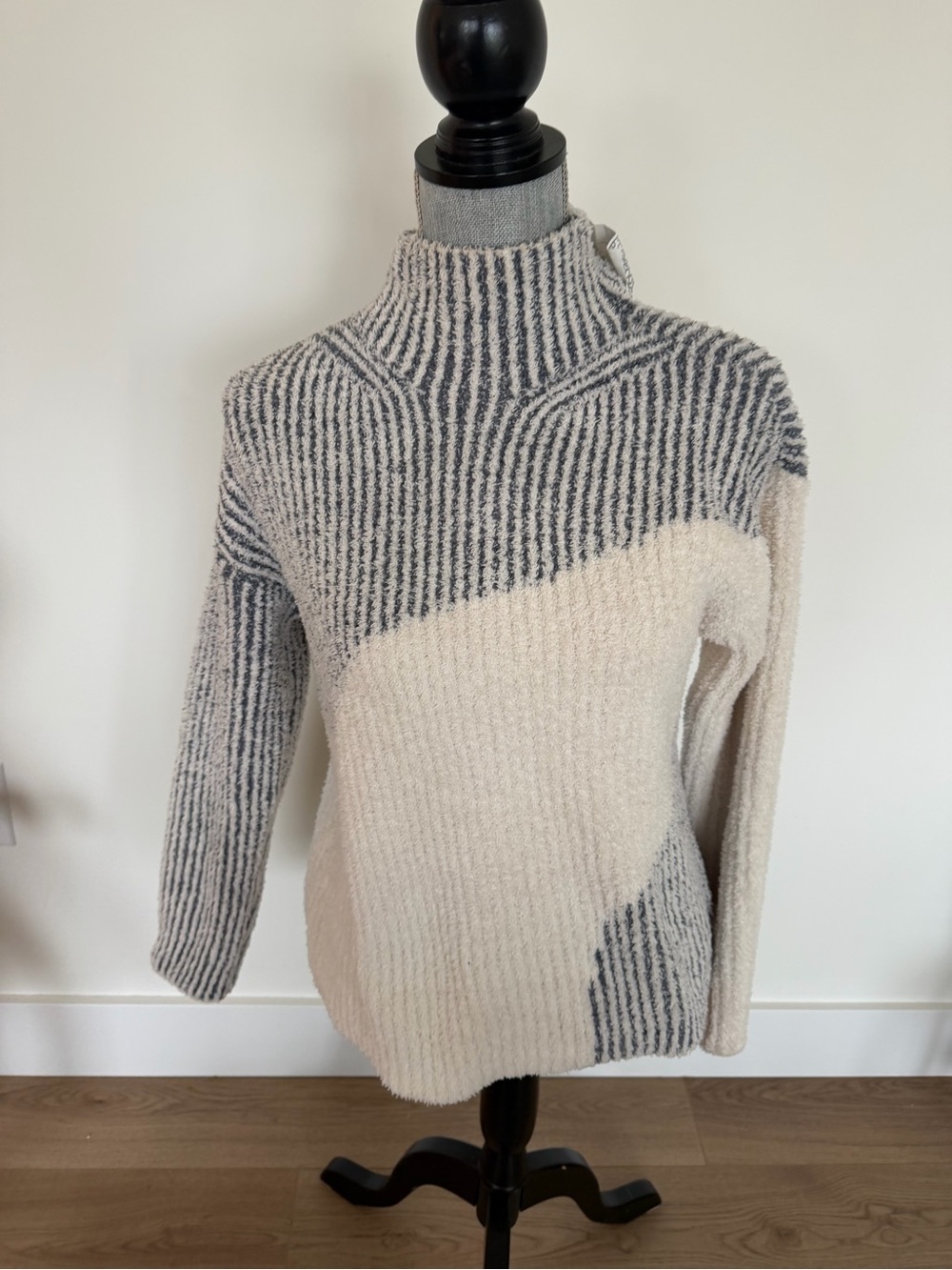Barefoot Dreams Shadow Blue & Cream Contrasting Rib Mock Neck Pullover